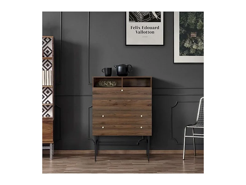 Secrétaire 1 porte battante 2 tiroirs - Bois et métal - L 90 x P 35 x H 110 - LODGE