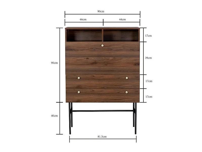 Secrétaire 1 porte battante 2 tiroirs - Bois et métal - L 90 x P 35 x H 110 - LODGE