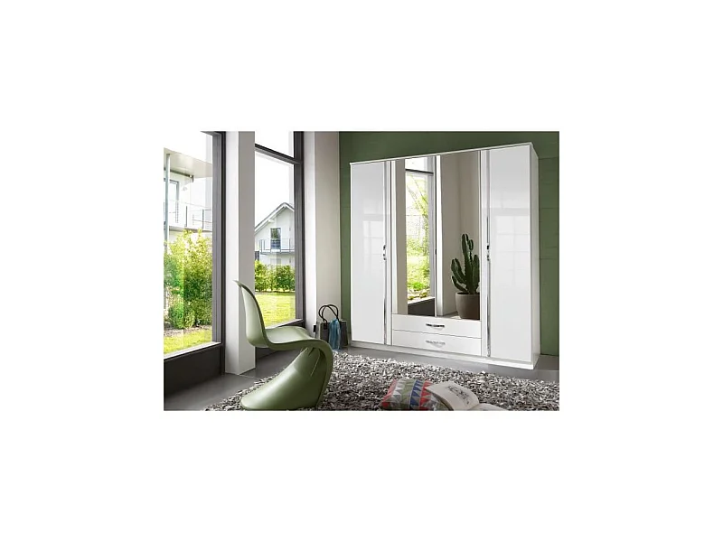 Armoire 4 portes 2 miroirs + 2 tiroirs - Decor blanc - L 180 x P 56 x H 199 cm - TRIO