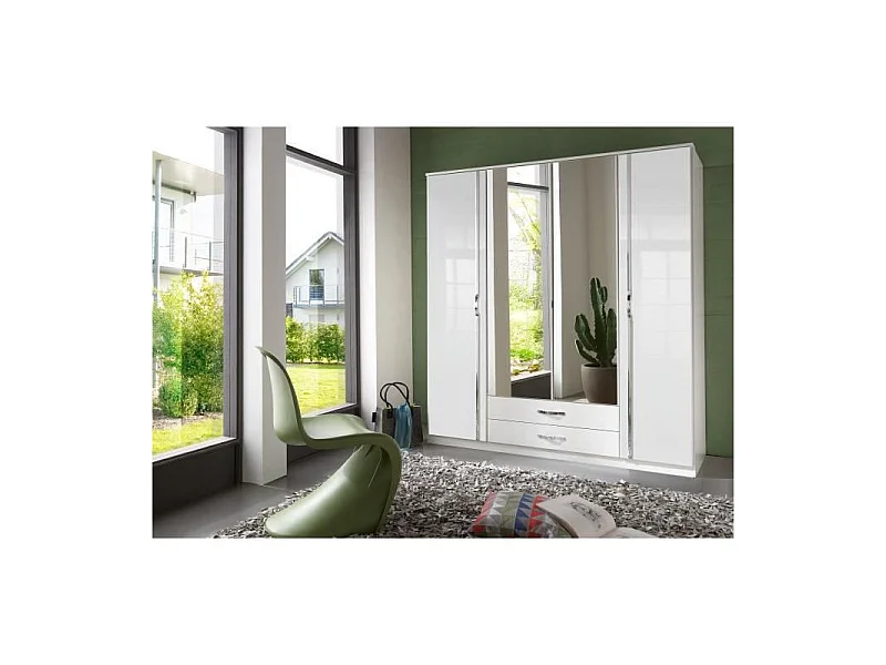 Armario TRIO 4 puertas lacadas blancas con 2 espejos y 2 cajones, L180 x P56 x H199 cm, almacenamiento optimizado