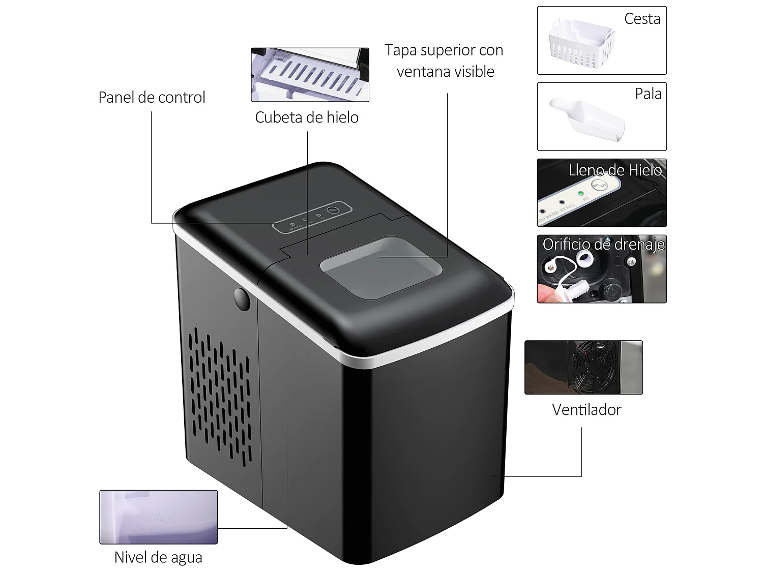 Máquina para hacer hielo negro 21.2x29.5x32.6 cm HOMCOM