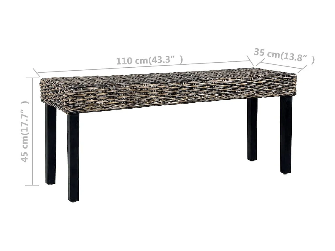 Banc 110 cm Noir Rotin naturel kubu et bois d'acajou massif