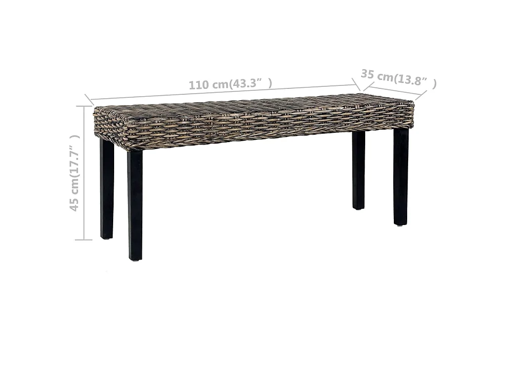 Banc 110 cm Noir Rotin naturel kubu et bois d'acajou massif
