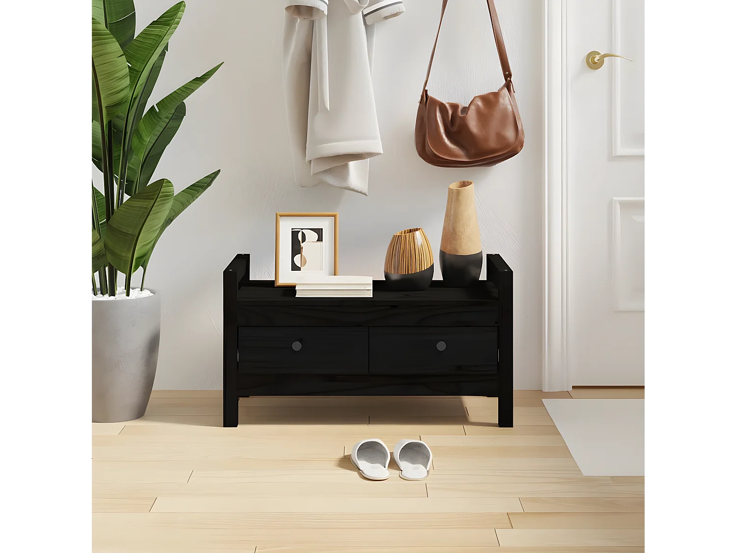 Flurbank Schwarz 80x40x43 cm Massivholz Kiefer