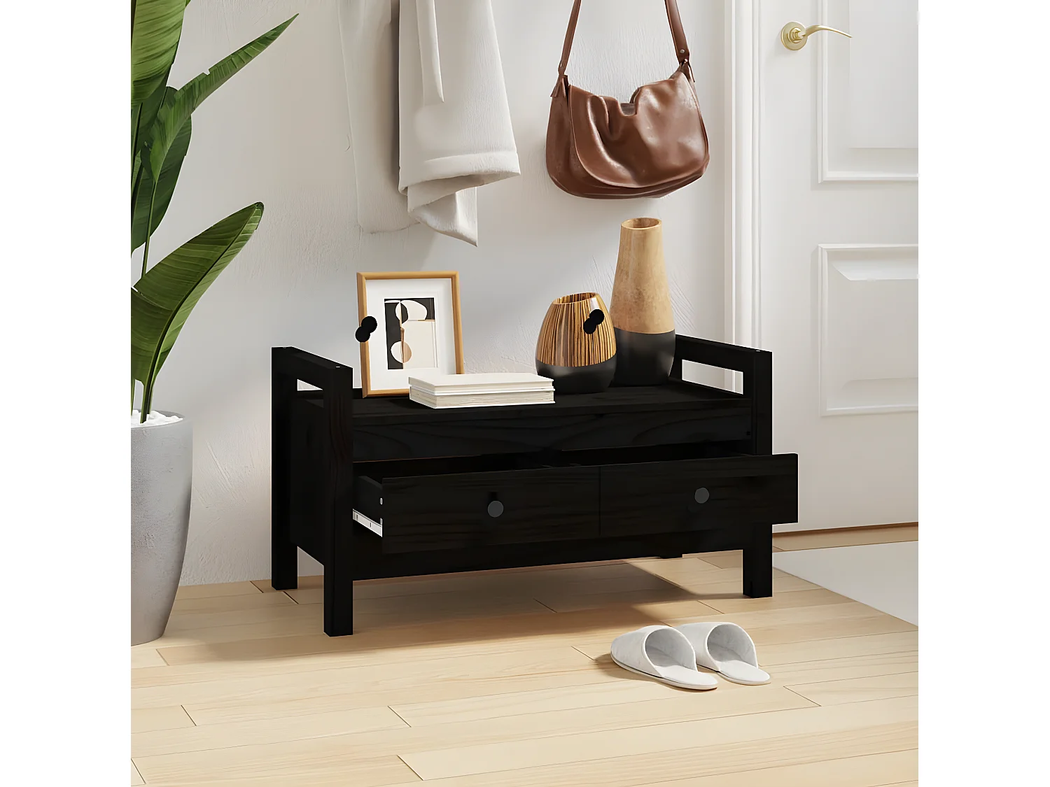 Flurbank Schwarz 80x40x43 cm Massivholz Kiefer