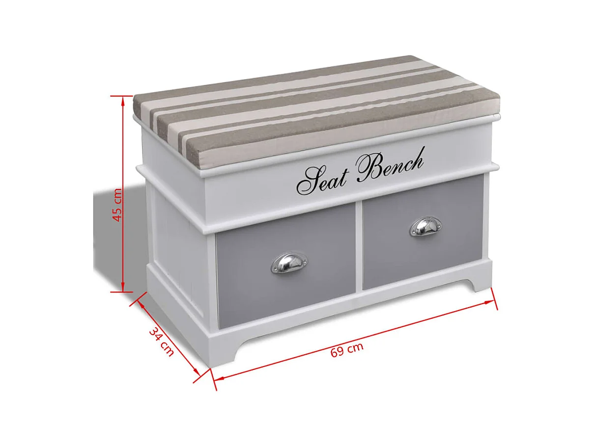 Banc d'entrée et de rangement avec coussin gris 2 tiroirs Blanc