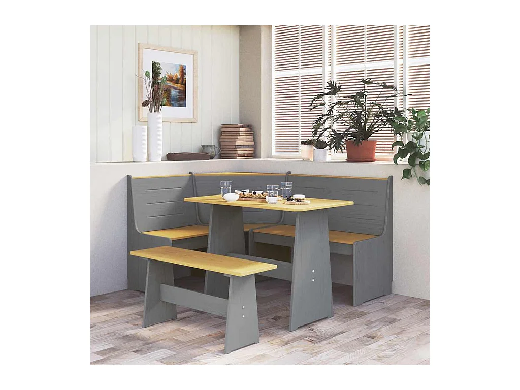 Banc d'angle REINE 151cm marron miel et gris bois de pin solide