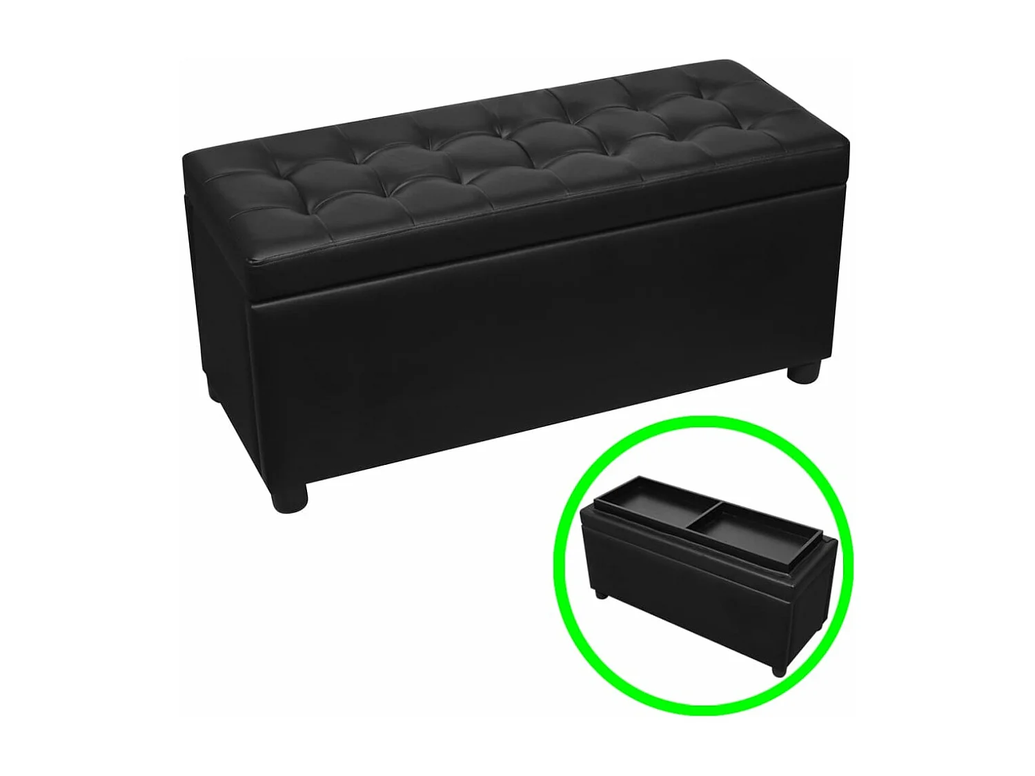 Otomana de almacenamiento de cuero artificial negro