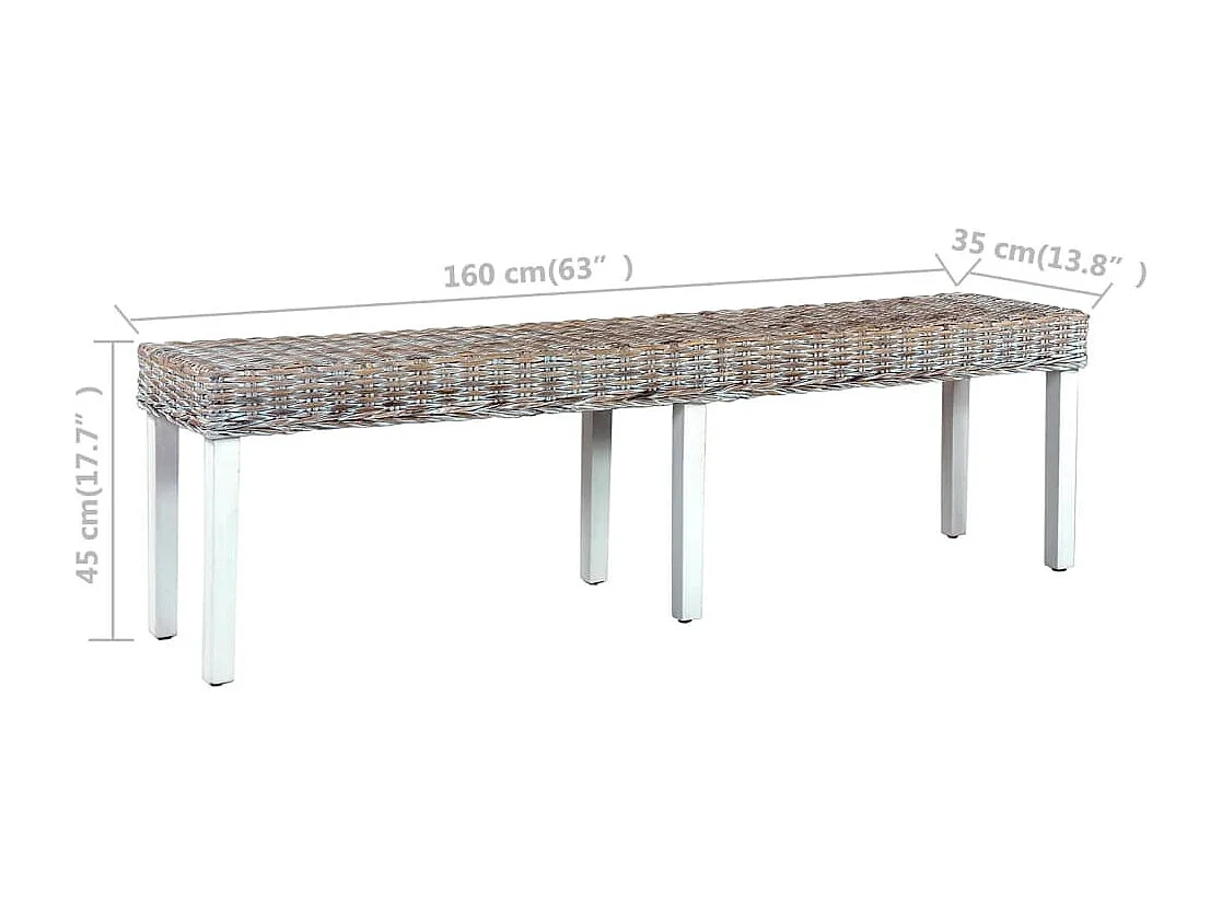 Banc 160 cm Blanc Rotin naturel kubu et bois de manguier massif