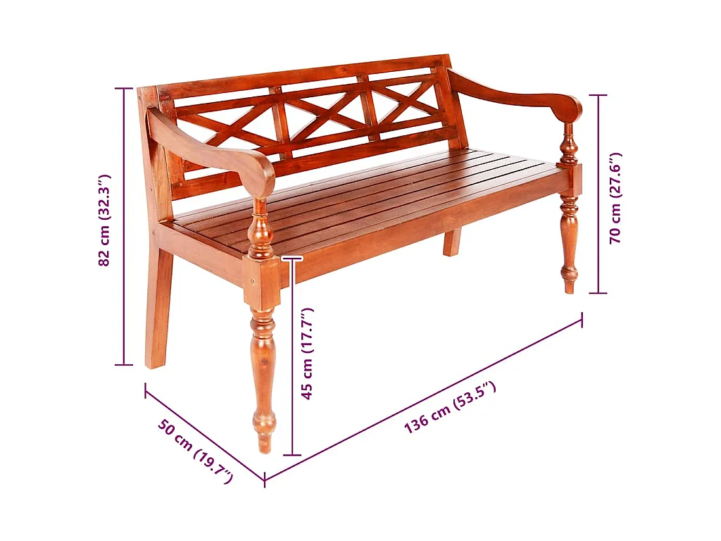 Banco Batavia madera maciza de caoba marrón oscuro 123 cm