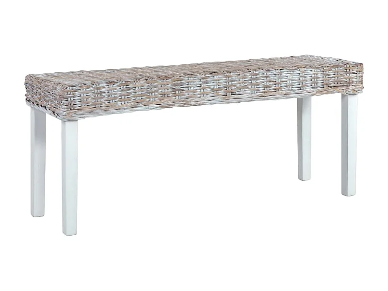 Banc 110 cm Blanc Rotin naturel kubu et bois d'acajou massif