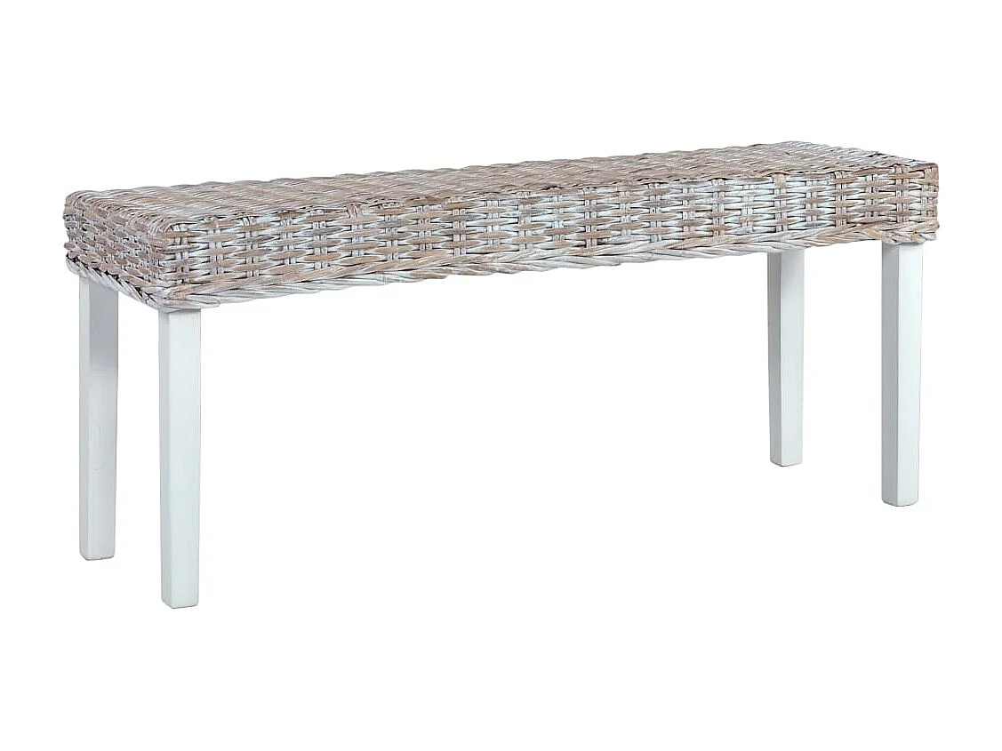 Banc 110 cm Blanc Rotin naturel kubu et bois d'acajou massif