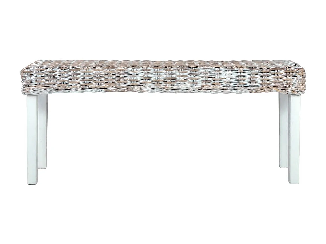 Banc 110 cm Blanc Rotin naturel kubu et bois d'acajou massif