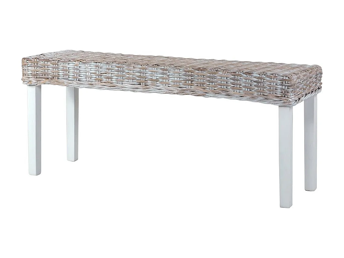 Banc 110 cm Blanc Rotin naturel kubu et bois d'acajou massif