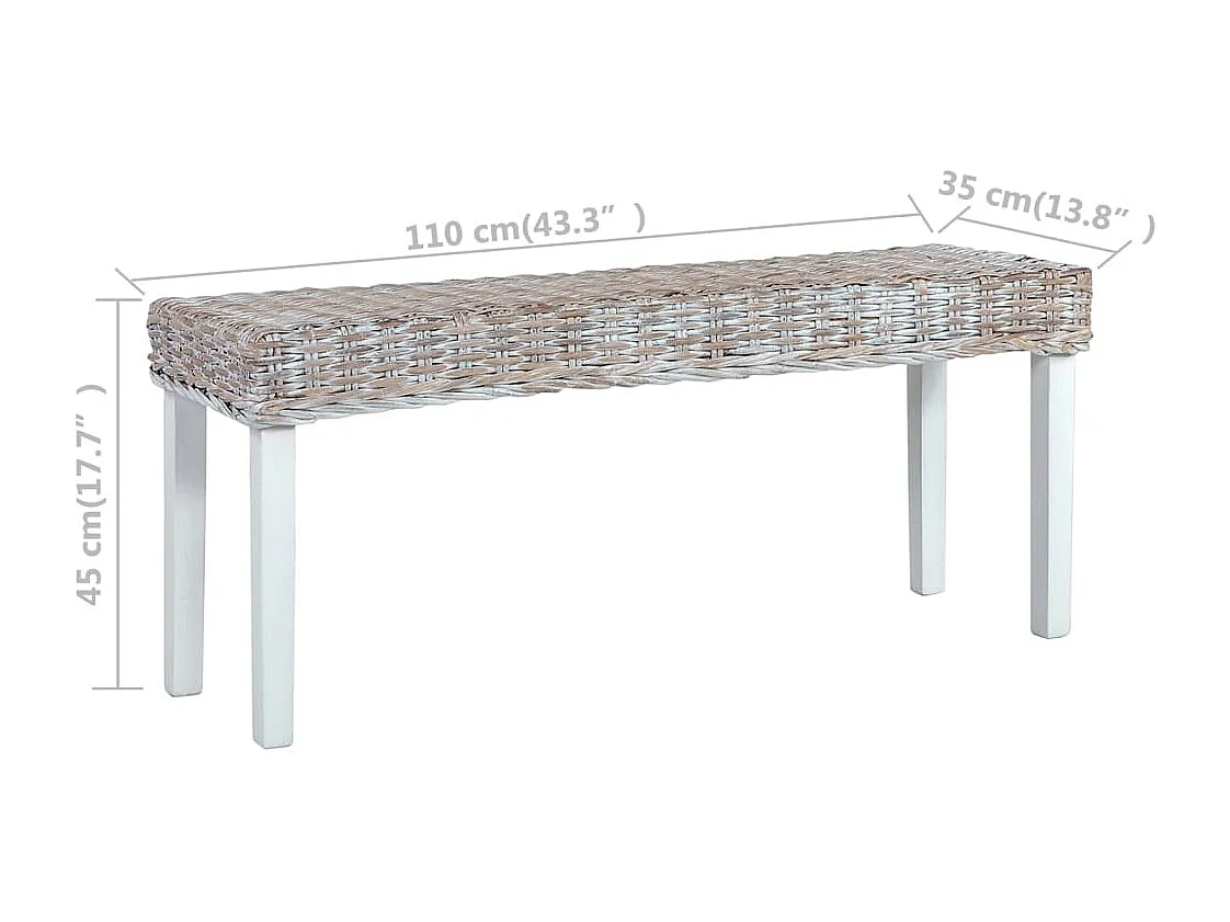 Banc 110 cm Blanc Rotin naturel kubu et bois d'acajou massif