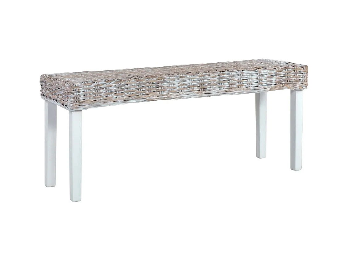 Banc 110 cm Blanc Rotin naturel kubu et bois d'acajou massif