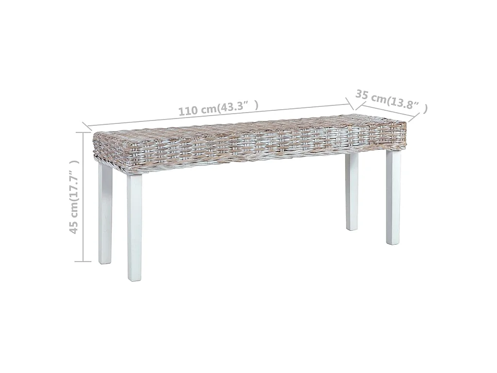 Banc 110 cm Blanc Rotin naturel kubu et bois d'acajou massif