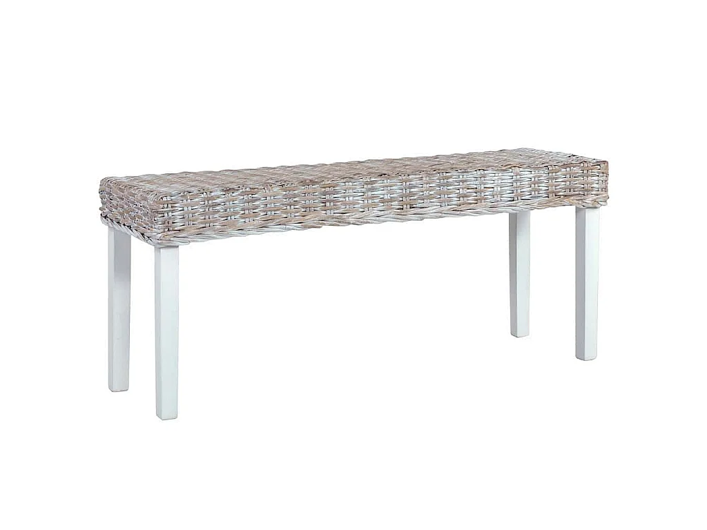 Banc 110 cm Blanc Rotin naturel kubu et bois d'acajou massif