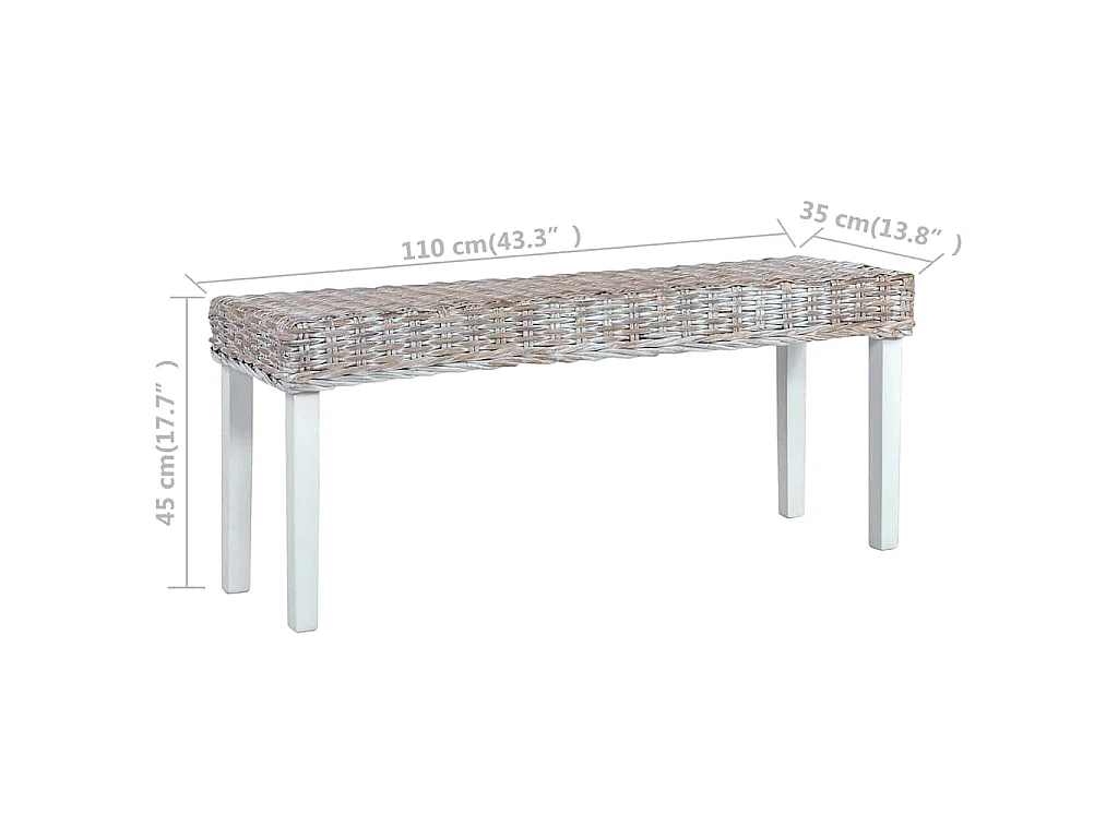 Banc 110 cm Blanc Rotin naturel kubu et bois d'acajou massif