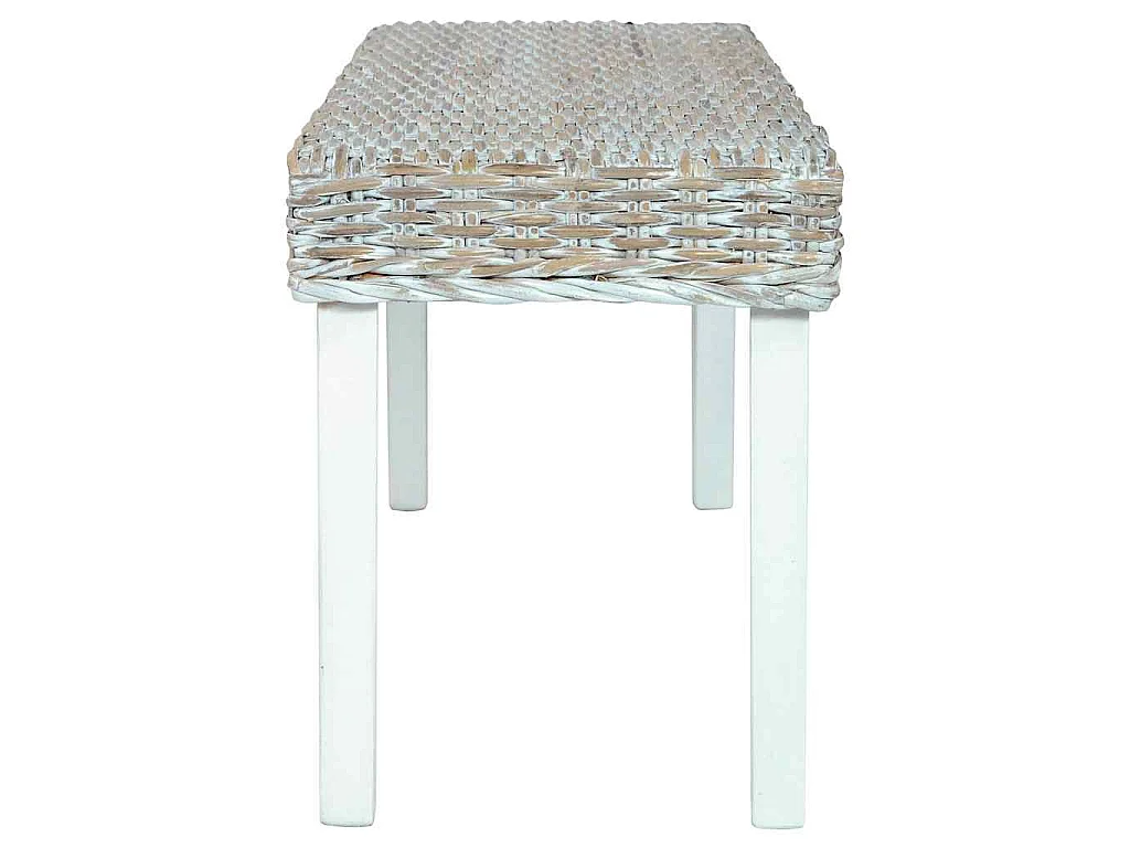 Banc 110 cm Blanc Rotin naturel kubu et bois d'acajou massif