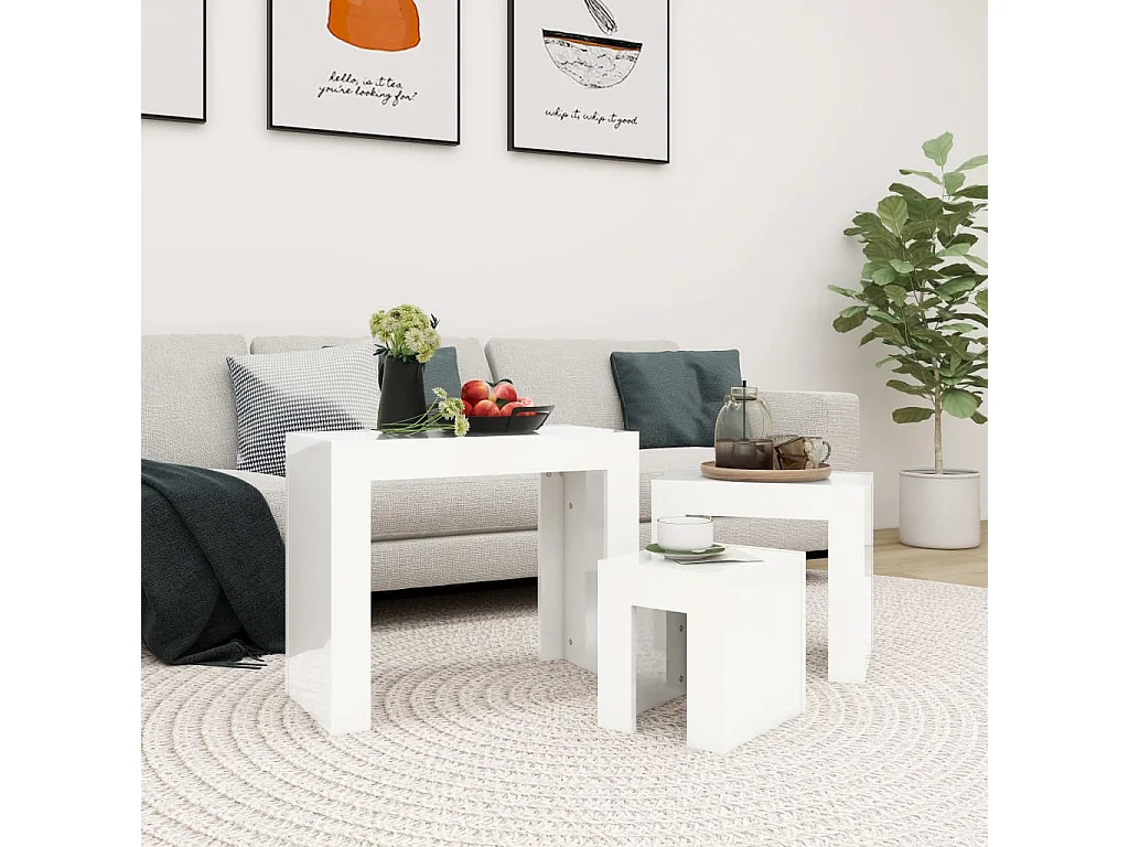 Mesas centro encastrar 3pcs derivados madeira branco brilhante