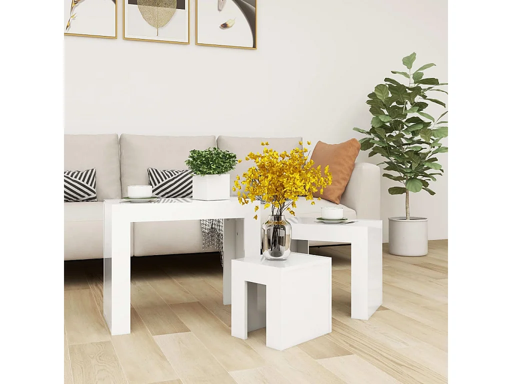 Mesas centro encastrar 3pcs derivados madeira branco brilhante