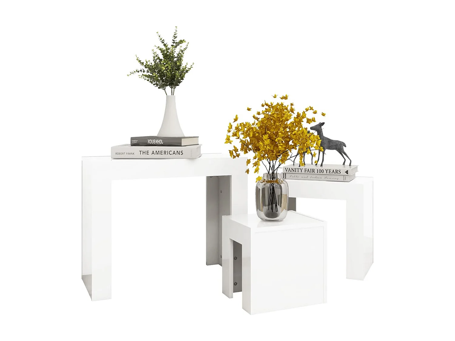 Mesas centro encastrar 3pcs derivados madeira branco brilhante