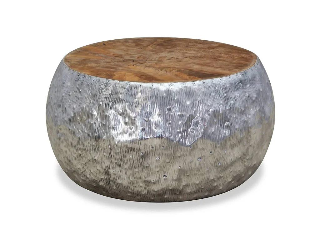 Kwadratowy stolik kawowy 60x60x30 cm z aluminium w kolorze srebrnym i olejowanego drewna tekowego, nowoczesny design, bez schowka, gotowy do użytku