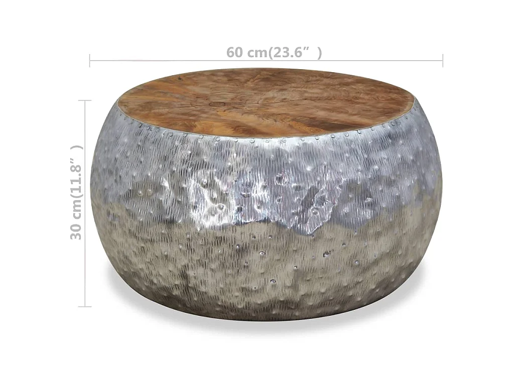 Kwadratowy stolik kawowy 60x60x30 cm z aluminium w kolorze srebrnym i olejowanego drewna tekowego, nowoczesny design, bez schowka, gotowy do użytku