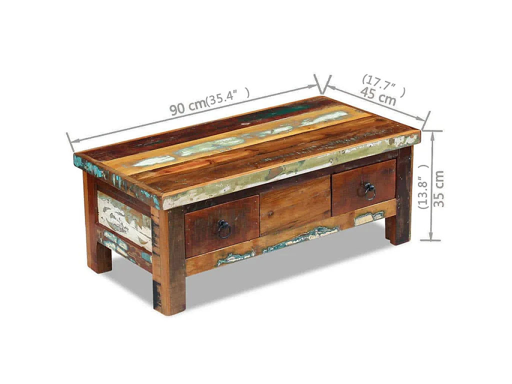 Mesa de centro + gavetas 90x45x35 cm madeira reciclada maciça