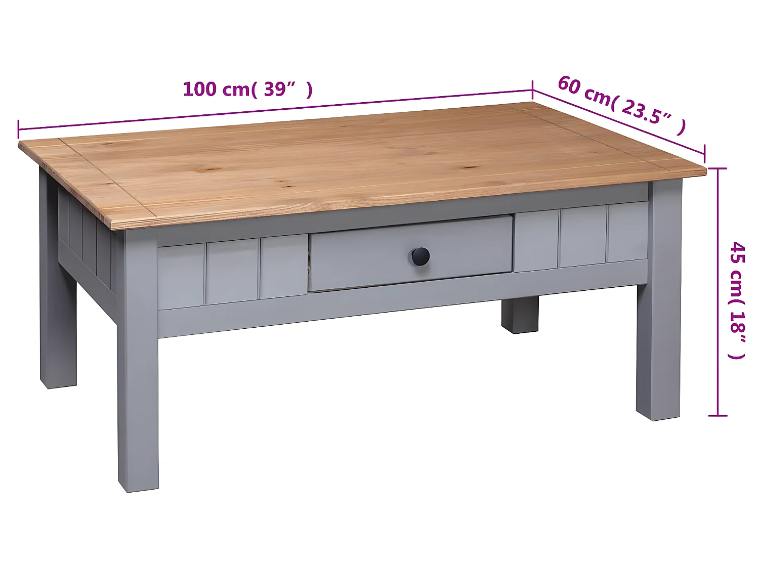 Table basse Gris 100x60x45 cm Pin massif Assortiment Panama