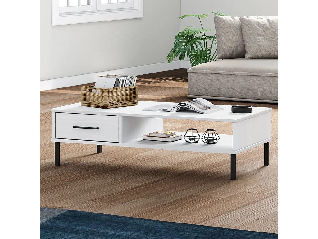 Table basse avec pieds en métal Blanc Bois pin massif OSLO