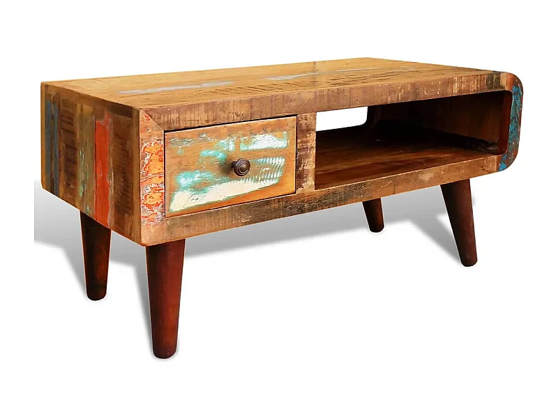 Mesa de centro con borde curvado 1 cajón madera reciclada