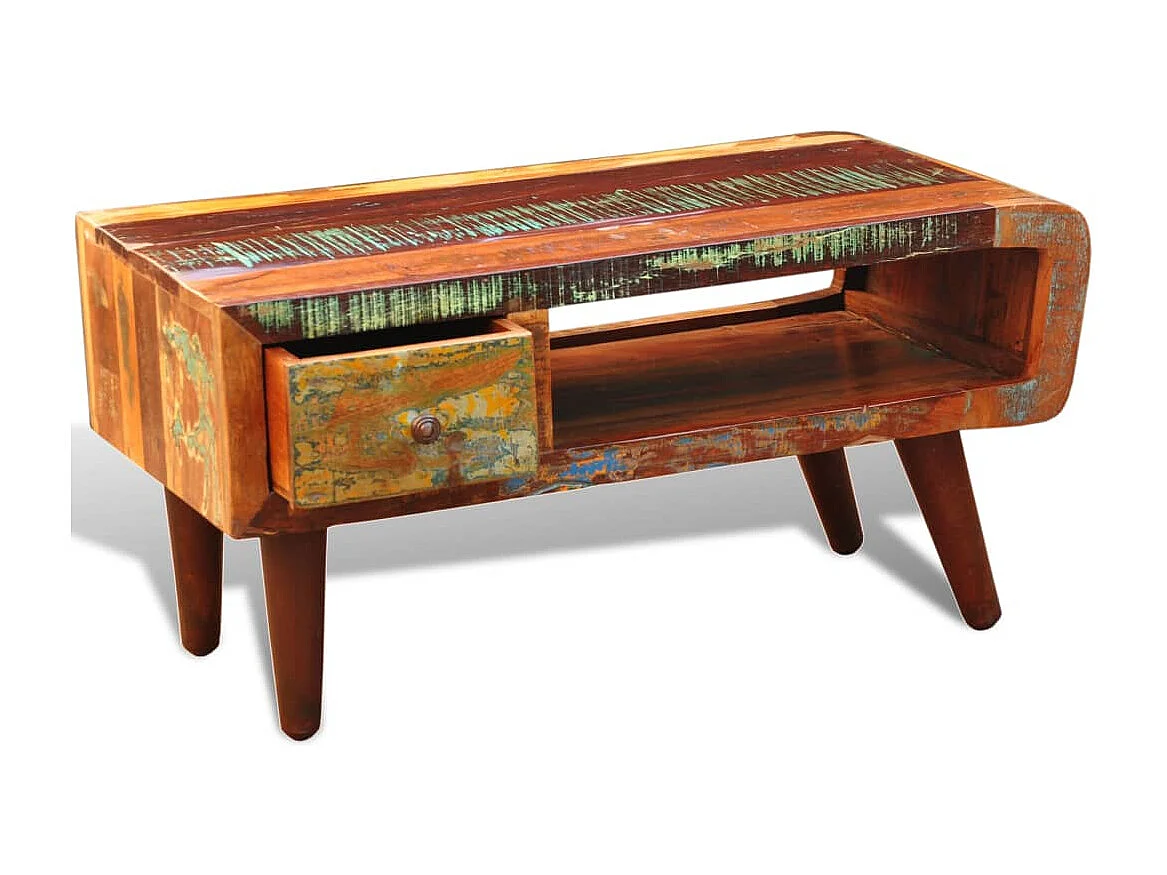 Salontafel met 1 gewelfde rand en 1 lade gerecycled hout