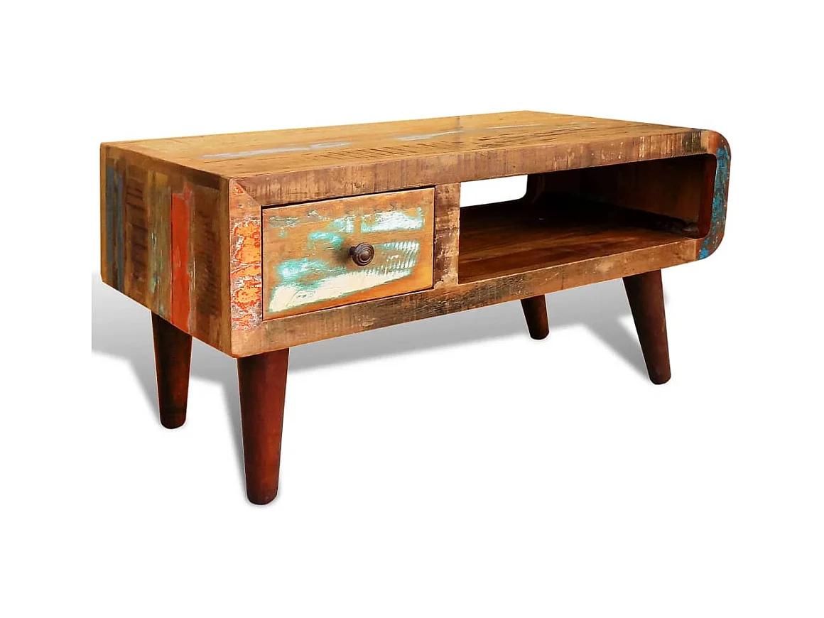 Salontafel met 1 gewelfde rand en 1 lade gerecycled hout