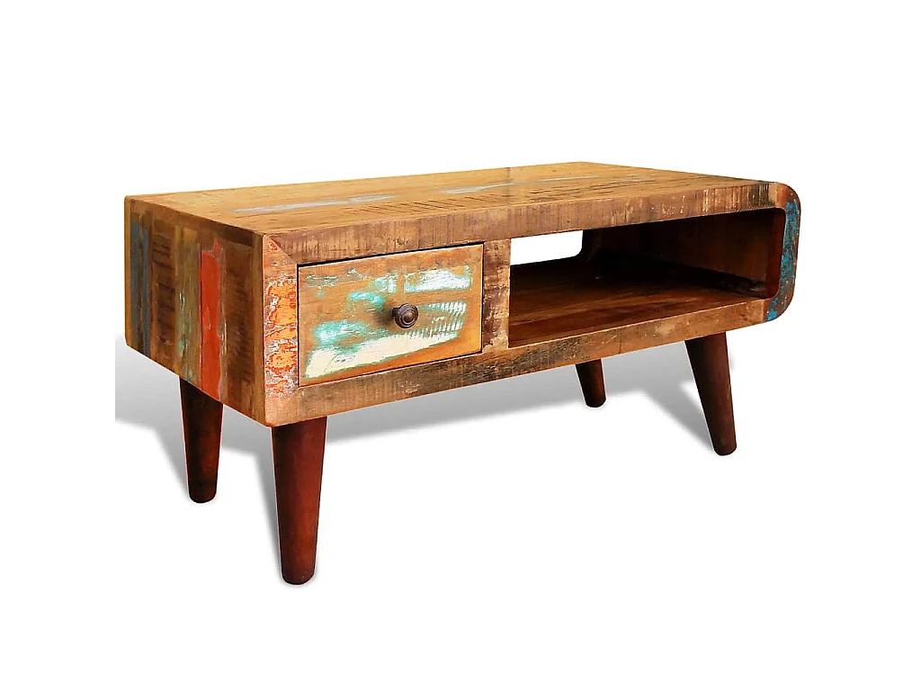 Salontafel met 1 gewelfde rand en 1 lade gerecycled hout