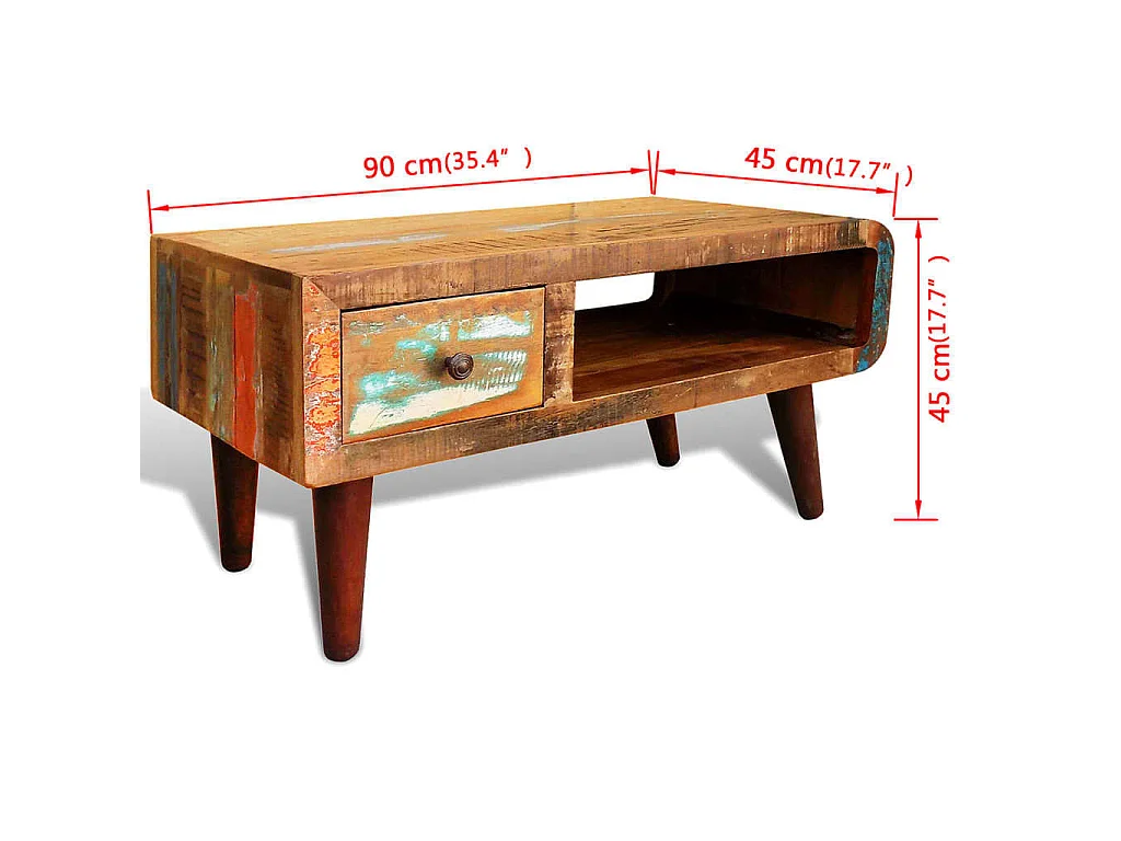 Salontafel met 1 gewelfde rand en 1 lade gerecycled hout