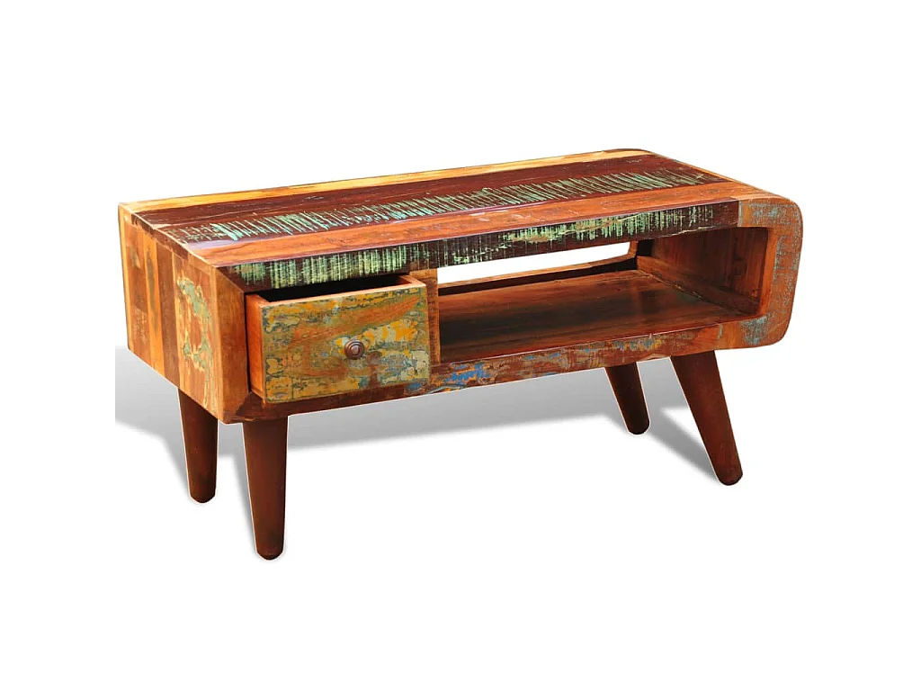 Salontafel met 1 gewelfde rand en 1 lade gerecycled hout