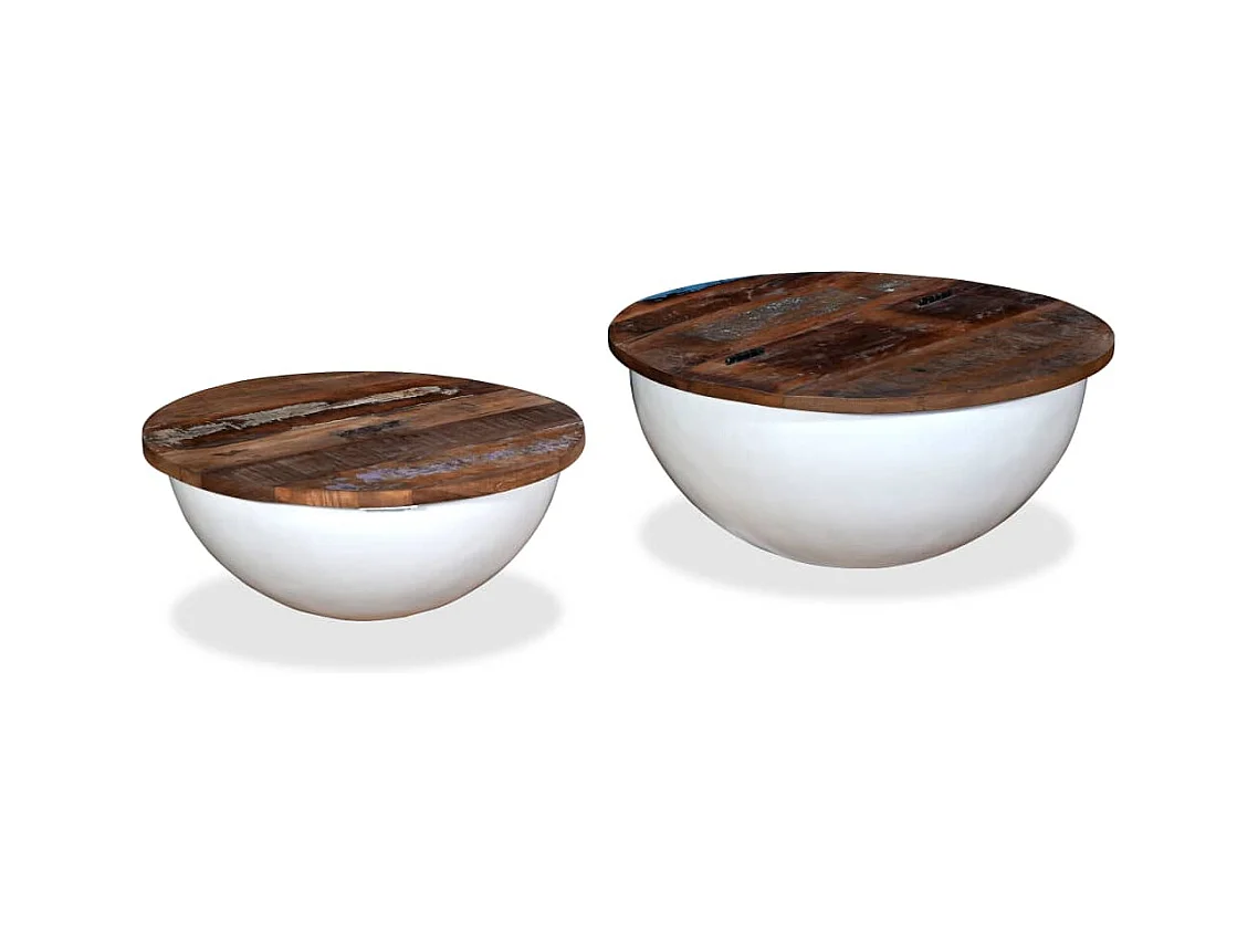 2-tlg. Couchtisch-Set Altholz Massiv Weiß Schalenform