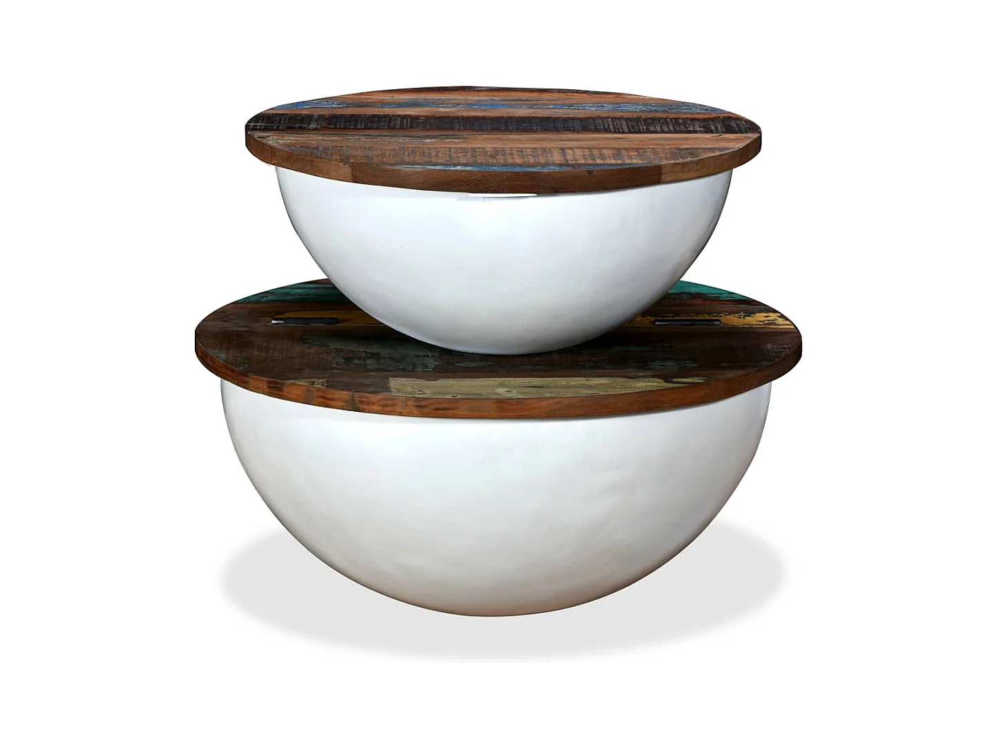 2-tlg. Couchtisch-Set Altholz Massiv Weiß Schalenform