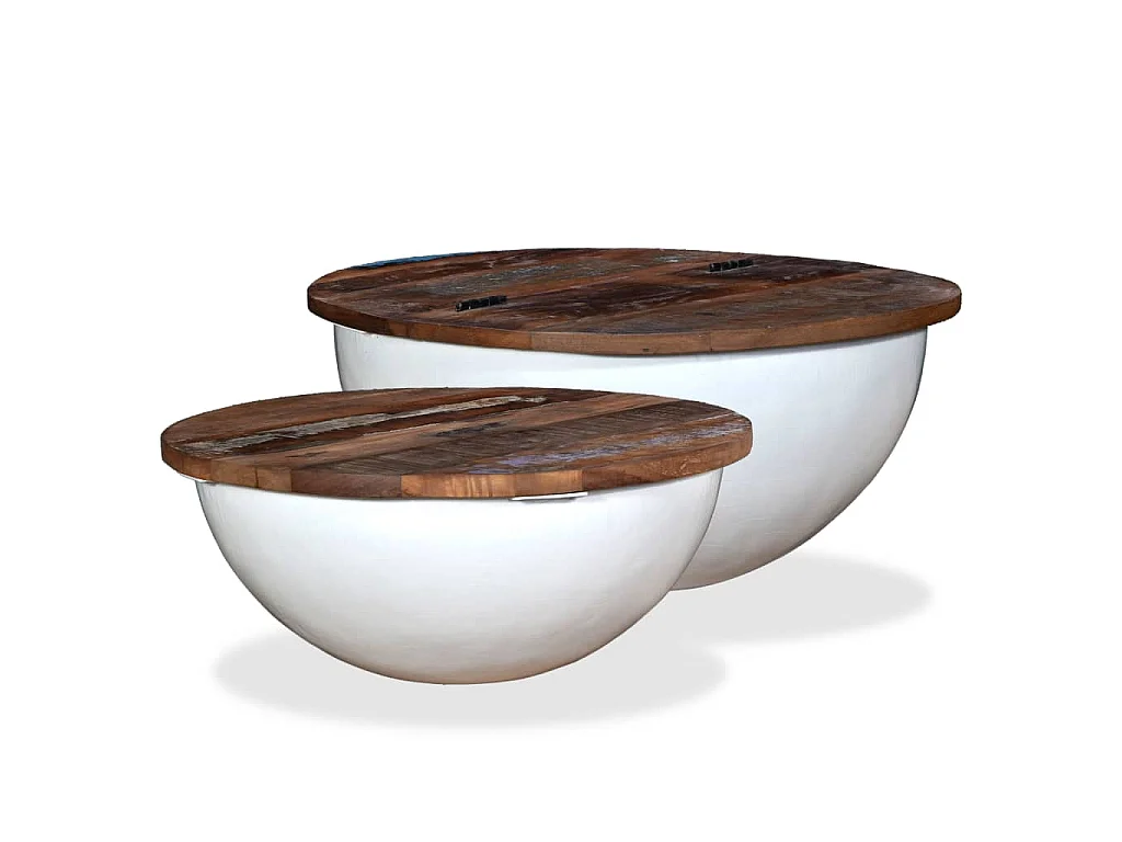 2-tlg. Couchtisch-Set Altholz Massiv Weiß Schalenform