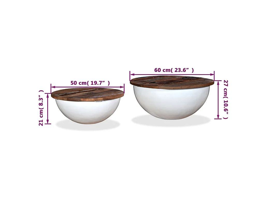 2-tlg. Couchtisch-Set Altholz Massiv Weiß Schalenform