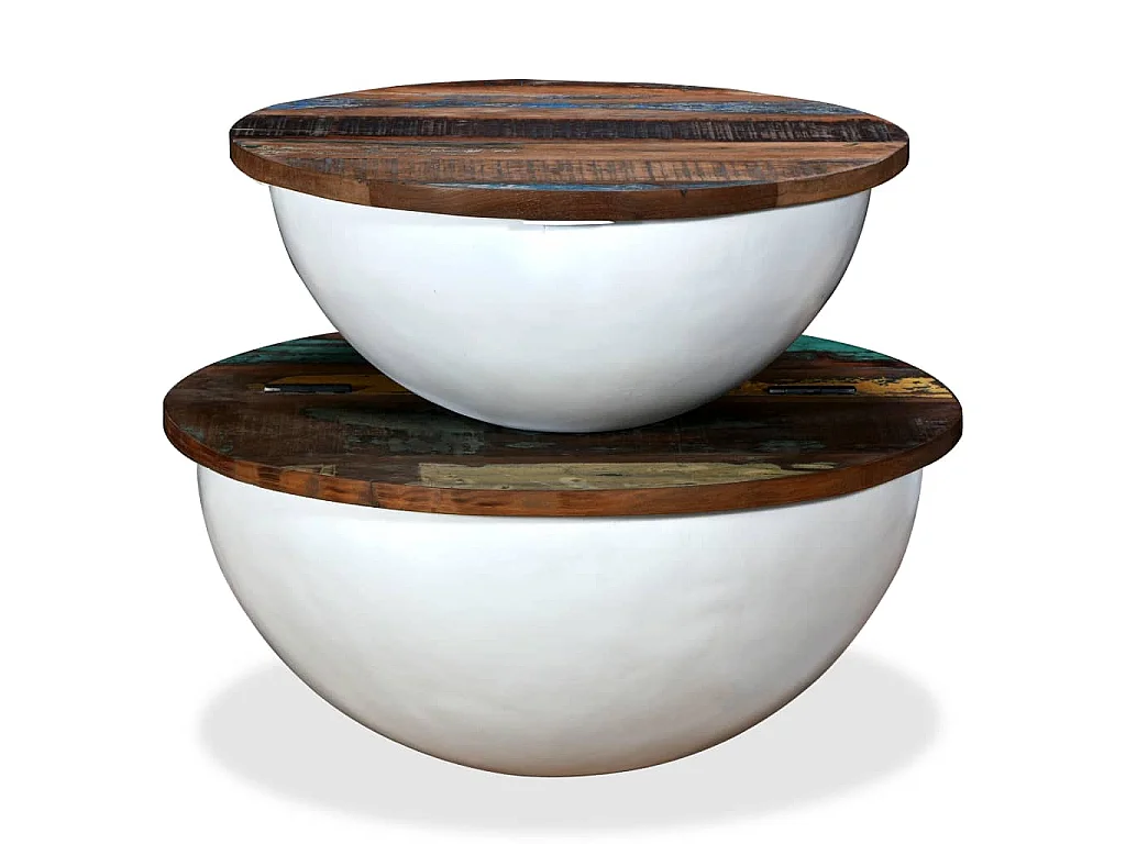 2-tlg. Couchtisch-Set Altholz Massiv Weiß Schalenform