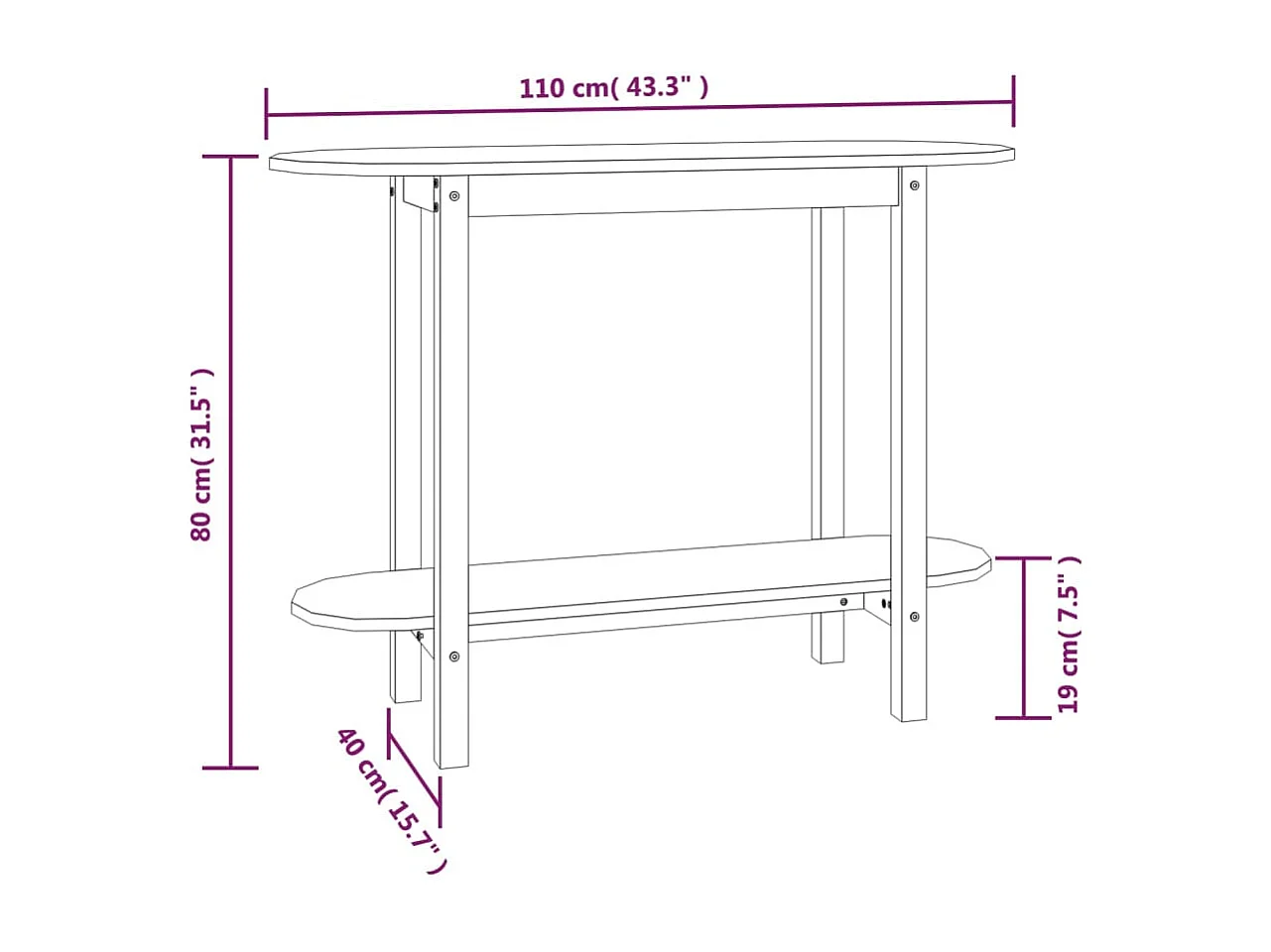 Tavolo Consolle Bianco 110x40x80 cm in Legno Massello di Pino