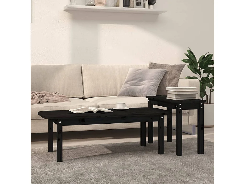Set Tavolini da Salotto 2 pz Nero in Legno Massello di Pino