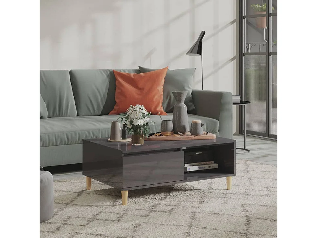 Table basse gris brillant 90x60x35 cm bois d'ingénierie