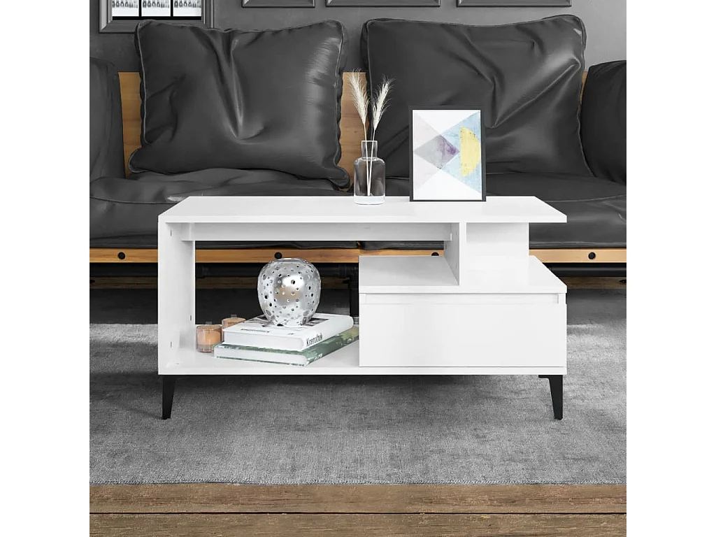 Mesa de centro madera contrachapada blanco brillo 90x49x45 cm