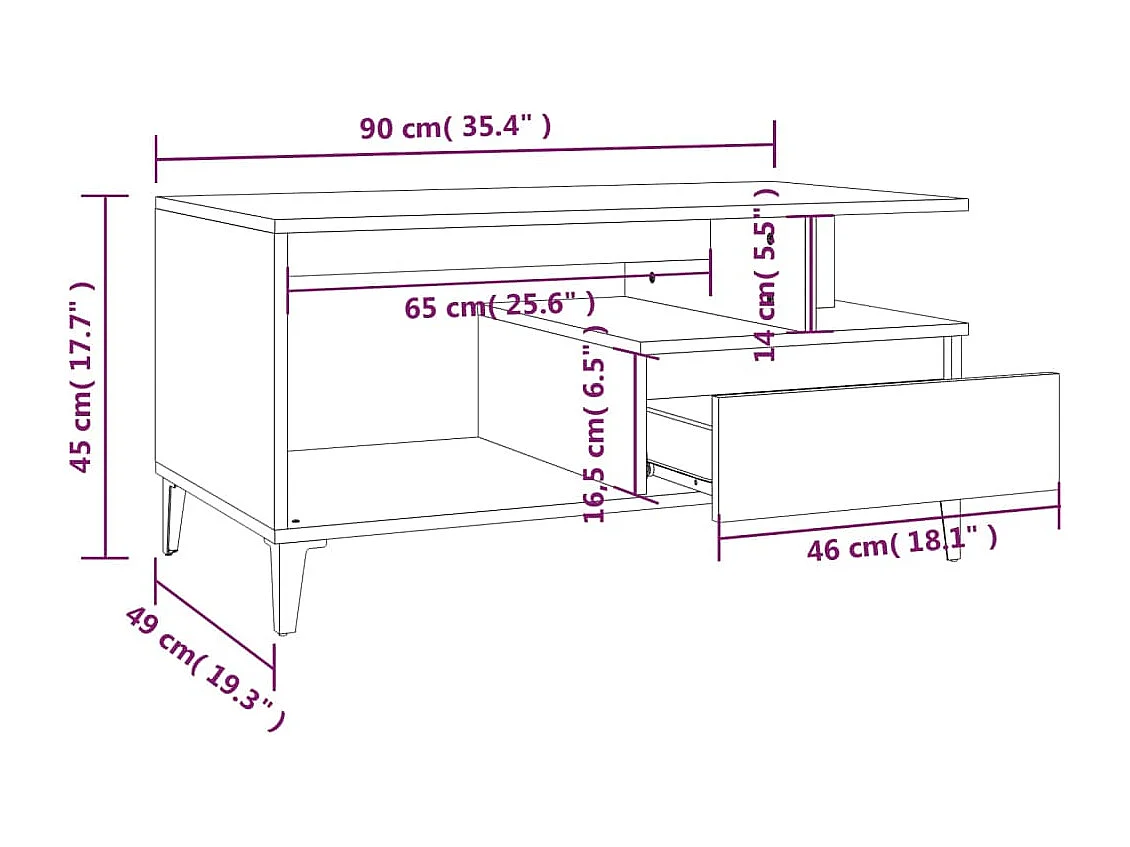 Mesa de centro madera contrachapada blanco brillo 90x49x45 cm
