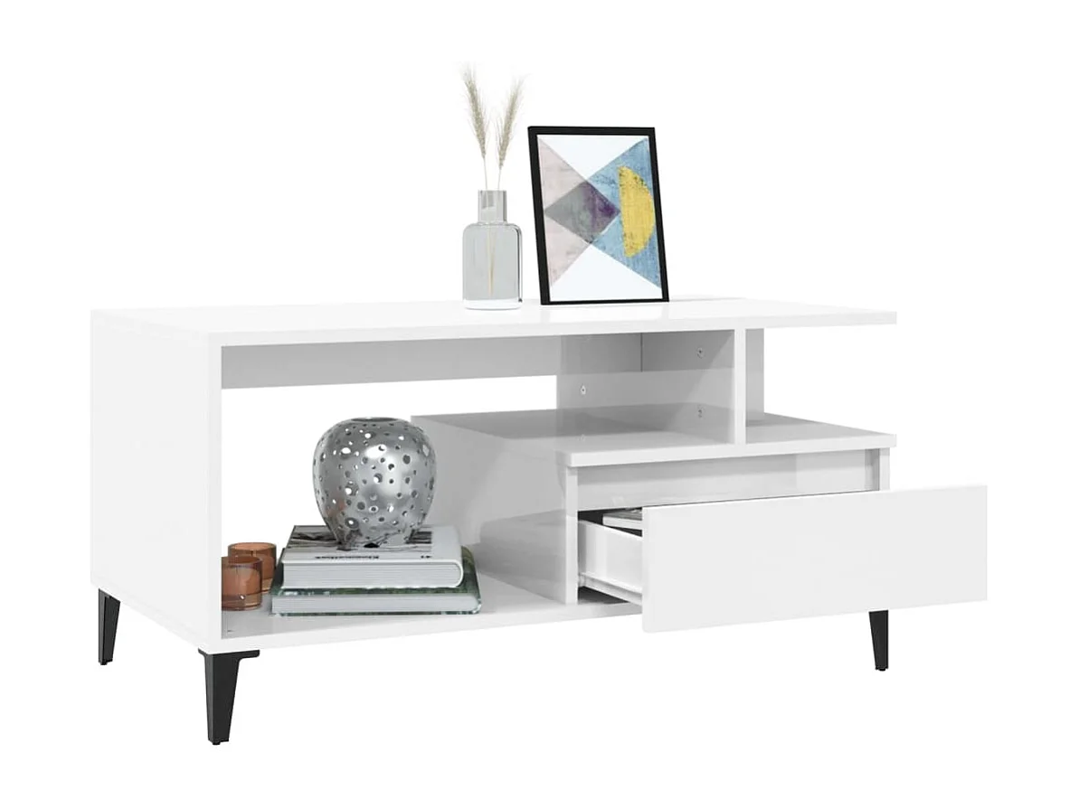 Mesa de centro madera contrachapada blanco brillo 90x49x45 cm