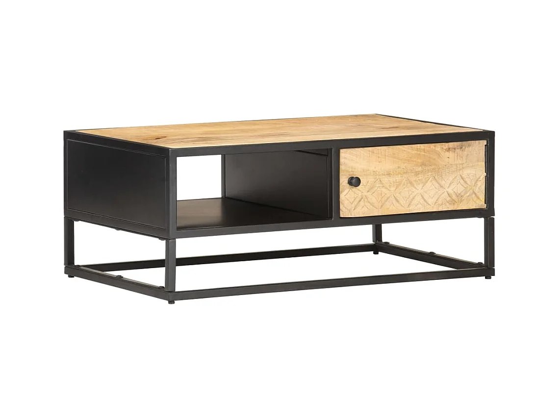 Table basse à porte sculptée 90x55x36 cm Bois de manguier brut